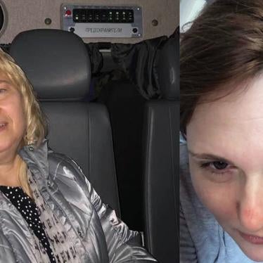 Marina Dubrovina (L) in a police vehicle, and Elena Milashina following separate attacks in Chechnya. 